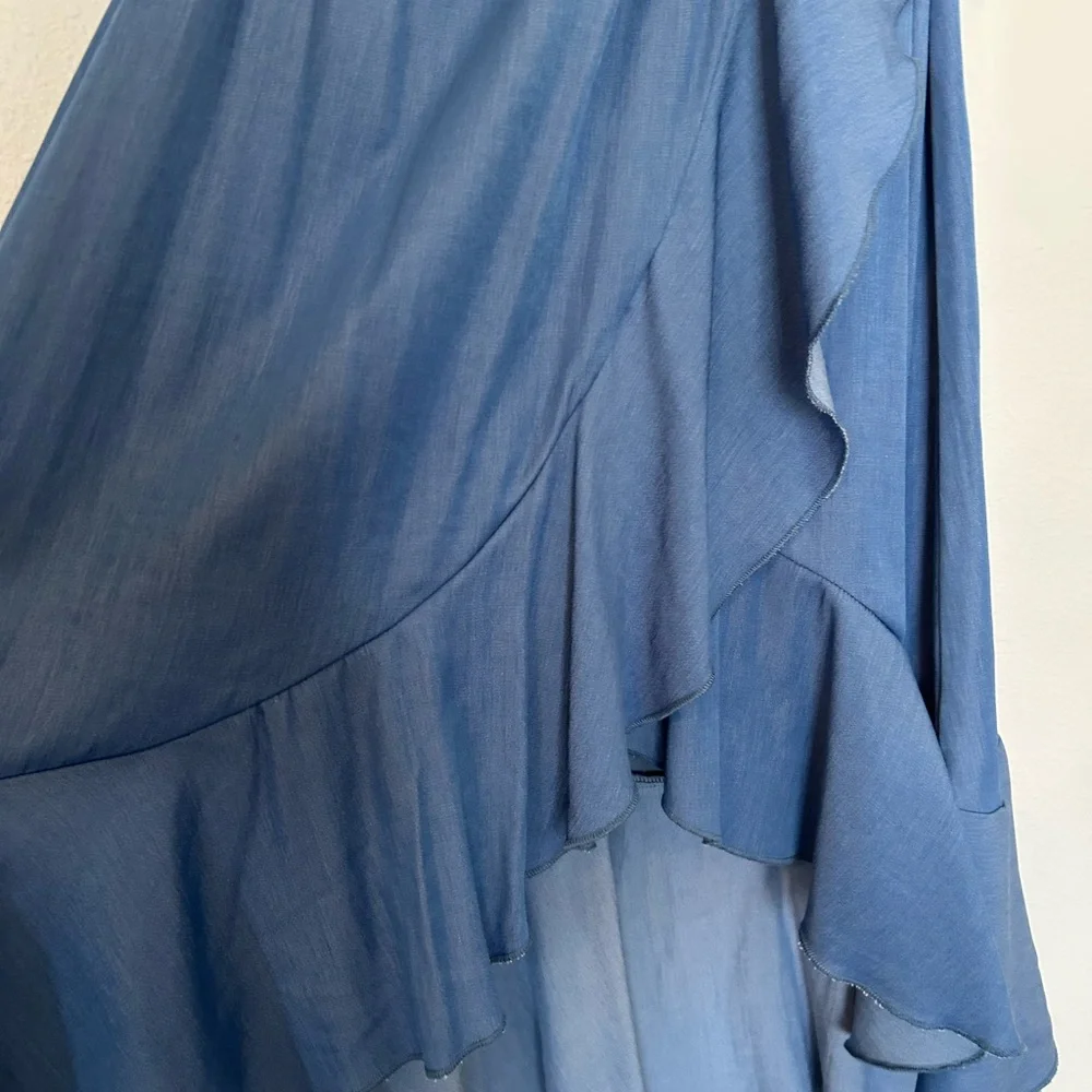 Elegant Blue Off-Shoulder Dress With Ruffles - Picture 6 of 7